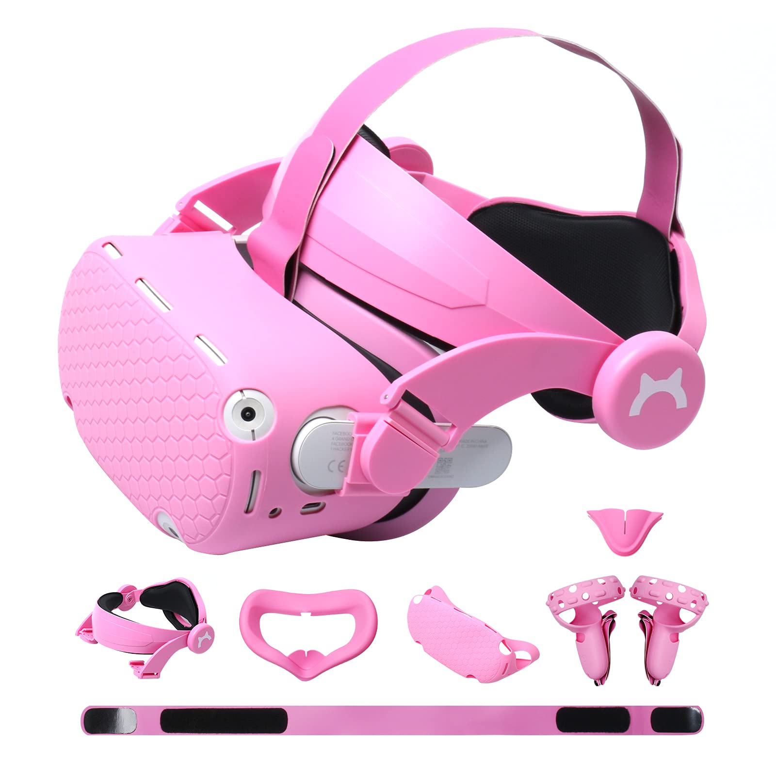 VR Head Strap for Oculus Quest 2, MODJUEGO Adjustable Forehead Strap with Silicone Touch Controller Grip Cover,VR Face Cover and VR Shell Front Face Protector Cover Replacement (Pink)