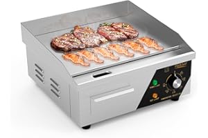 ROVSUN 14" Electric Countertop Flat Top Griddle, 1500W Electric Griddle, Teppanyaki Grill Stainless Steel with Adjustable Temperature Control 122°F-572°F for Home Restaurant Commercial