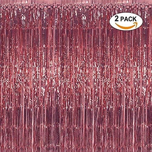 Rose Gold Foil Fringe Curtains photo booth backdrop,Shiny Metallic Tinsel Party Door Curtain photo booth props for bachelorette Birthday Wedding Bridal Baby Shower Party Supplies Decorations,2-Pack