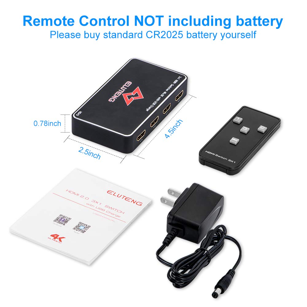 ELUTENG 4K HDMI Switch 3x1 HDMI Switcher Splitter Box with IR Romote Control 3 in 1 Out HDMI Selector 4K Full HD 1080P 3D for PC/Xbox / PS4 / PS3 / Blu-ray Player/TV Box