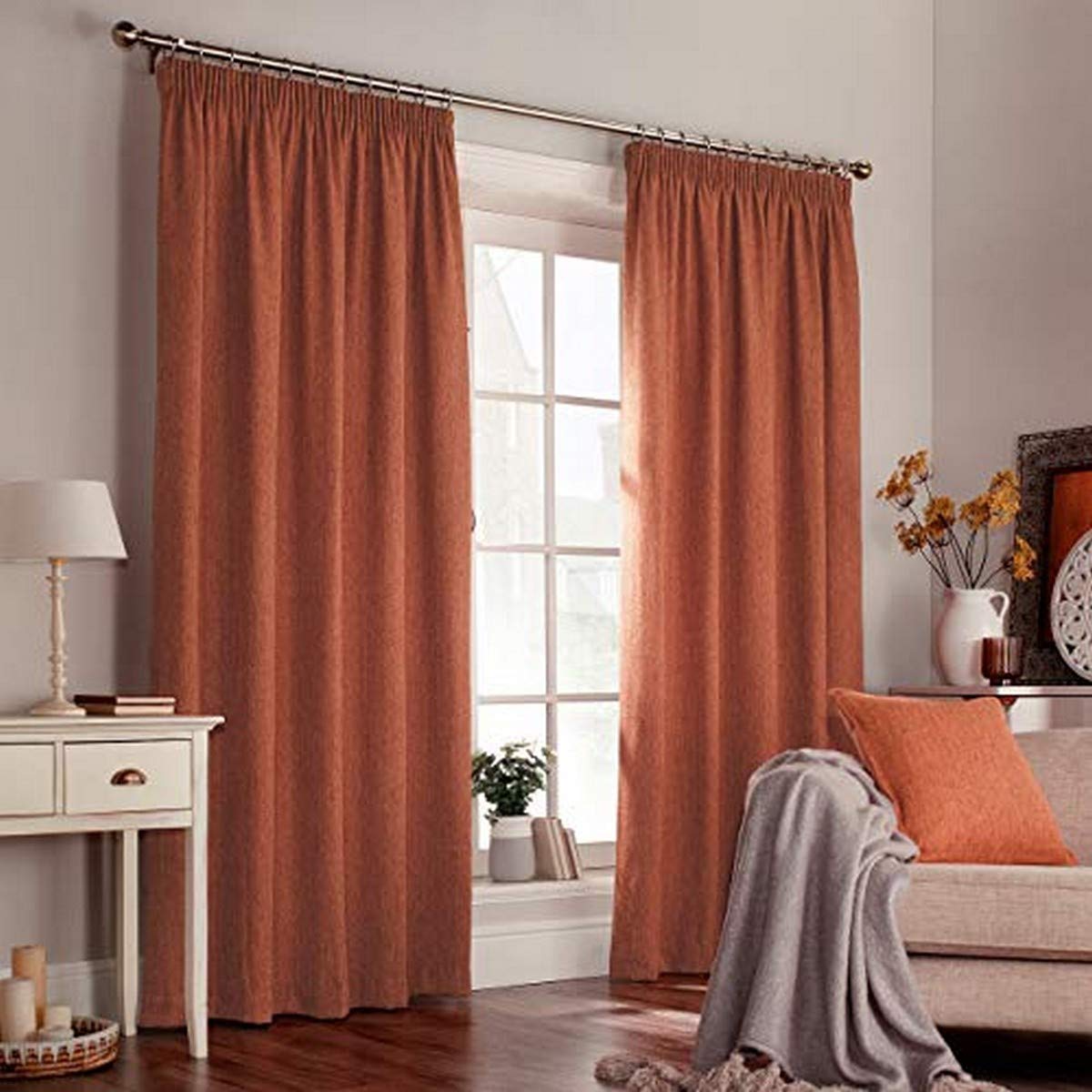 Furn Harrison Ringtop Eyelet Curtains (Pair) -Ready Made-Polyester-Burnt Orange-117cm x 183cm (46" x 72" inches)
