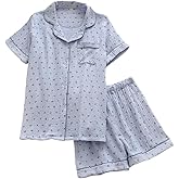 codcm Womens Cute Pajama Set Short Sleeve Button Up Shirt and Shorts 2 Piece Cotton Pj Sets