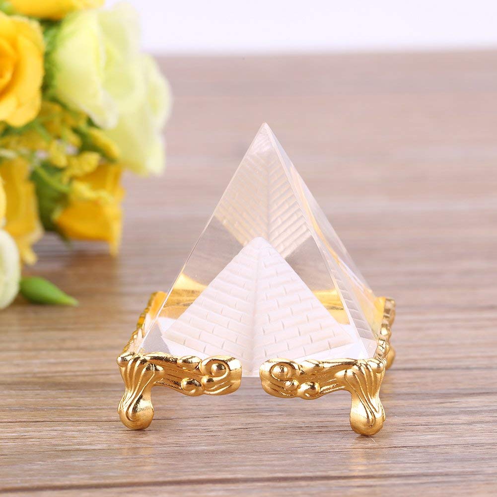 Petrichor Transparent Clear Crystal Pyramid with Gold Stand for Prosperity Home Decoration & Gifting (2.3 inches)
