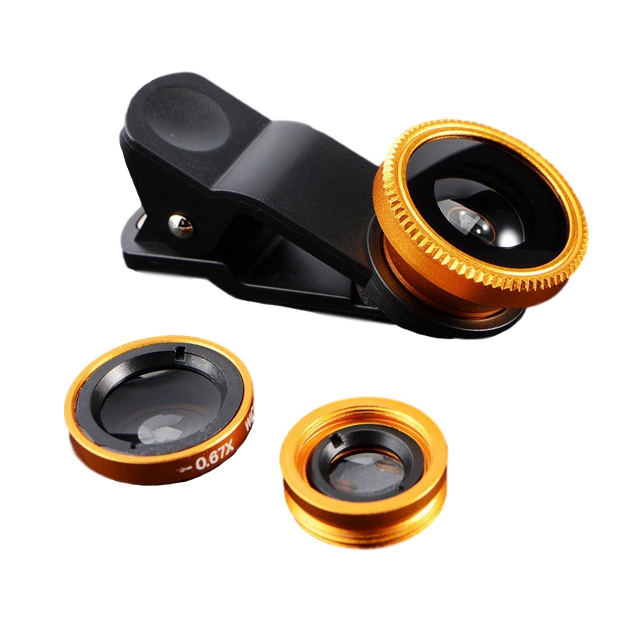 Light box 3-in-1 mobile phone lens set, clip-on camera adapter for smartphones fisheye lens (180° fisheye lens), wide angle (0.65x wide), macro lens (10x) suitable for all mobile phones (gold)