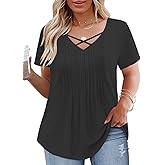 VISLILY Plus Size Womens Tops Dressy Casual V Neck T Shirts Trendy Short Sleeve Summer Pleated Blouses 4Xl Black
