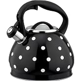 Tea Kettle Stovetop, Whistling Teapot 304 Stainless Steel 3.2 Quart Teakettle, Polka Dot Teapots for Stove Top, Whistle Tea Pot with Cool Touch Ergonomic Handle (Black/White, 3.2 Quarts)