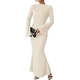 Ammiko Women's Fall Fashion 2025 Long Sleeve Maxi Dresses Solid Color Boho Dress Boat Neck Flare Sleeve Bodycon Dress