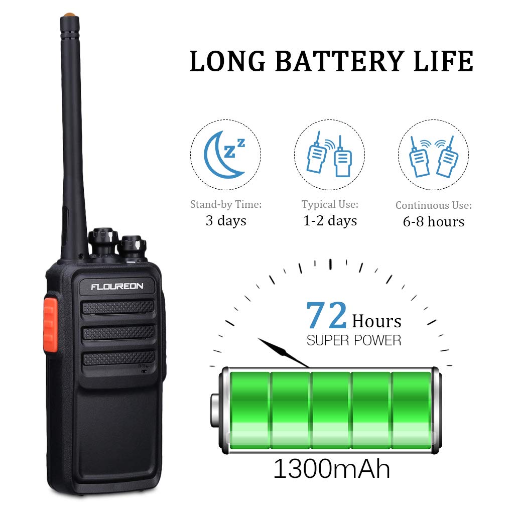 FLOUREON Rechargeable 16 Channel WalkieTalkies PMR 446MHZ License-free Two Way Radio Handheld Transceiver Voice Prompt long Range Interphone Scan TOT with LED Light Earpieces Black 2 Pack