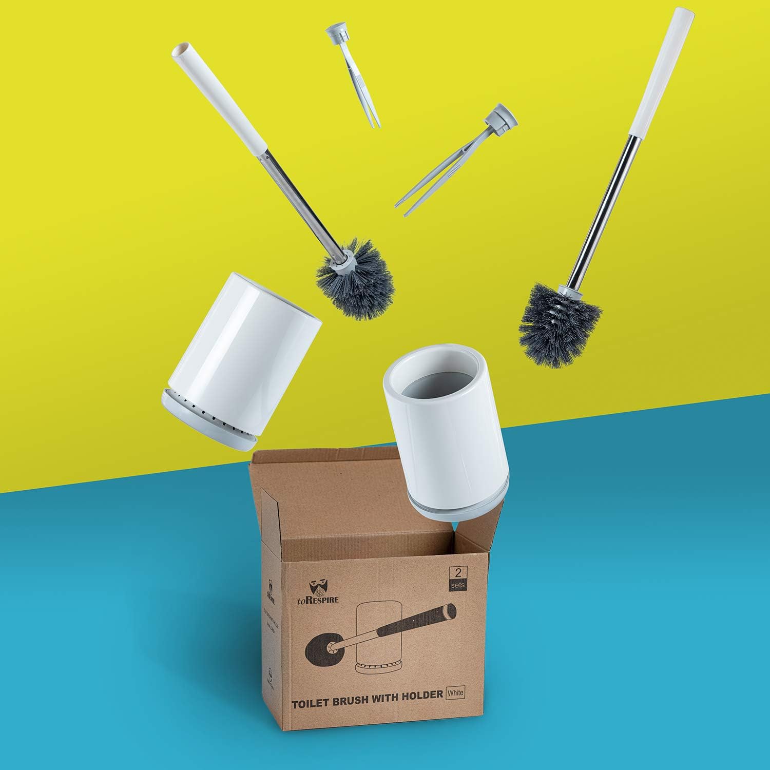 Toilet Brush with Holder- 5 Reasons Why You Should Buy Toilet Bowl Cleaner Brush for Bathroom by ToRespire, 2 White Sets, Combination of Plastic and Stainless Steel: Kitchen & Dining