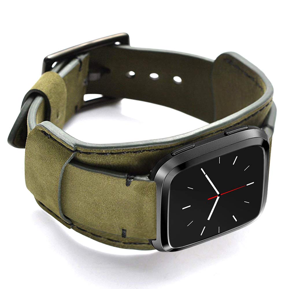 CooBES Compatible with Fitbit Versa 2 Straps, Genuine Leather Cuff Bracelet Replacement Band with Stainless Steel Buckle Compatible Fitbit Versa/Versa 2/Versa Lite/Versa SE (Green)