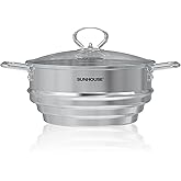 SUNHOUSE 5 QT Stainless Steel Steamer Basket for Pot, Universal Insert | Food &amp; Vegetable Steaming Rack with Glass Lid, Stay-Cool Handles - Fits 8, 8.5, 9.5 Inch Pots - Cestello Vaporera