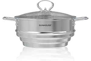 SUNHOUSE 5 Quart Stainless Steel Steamer Insert �C Multi-Purpose Soup & Food Steamer with Stay-Cool Handles & Heavy-Duty Glass