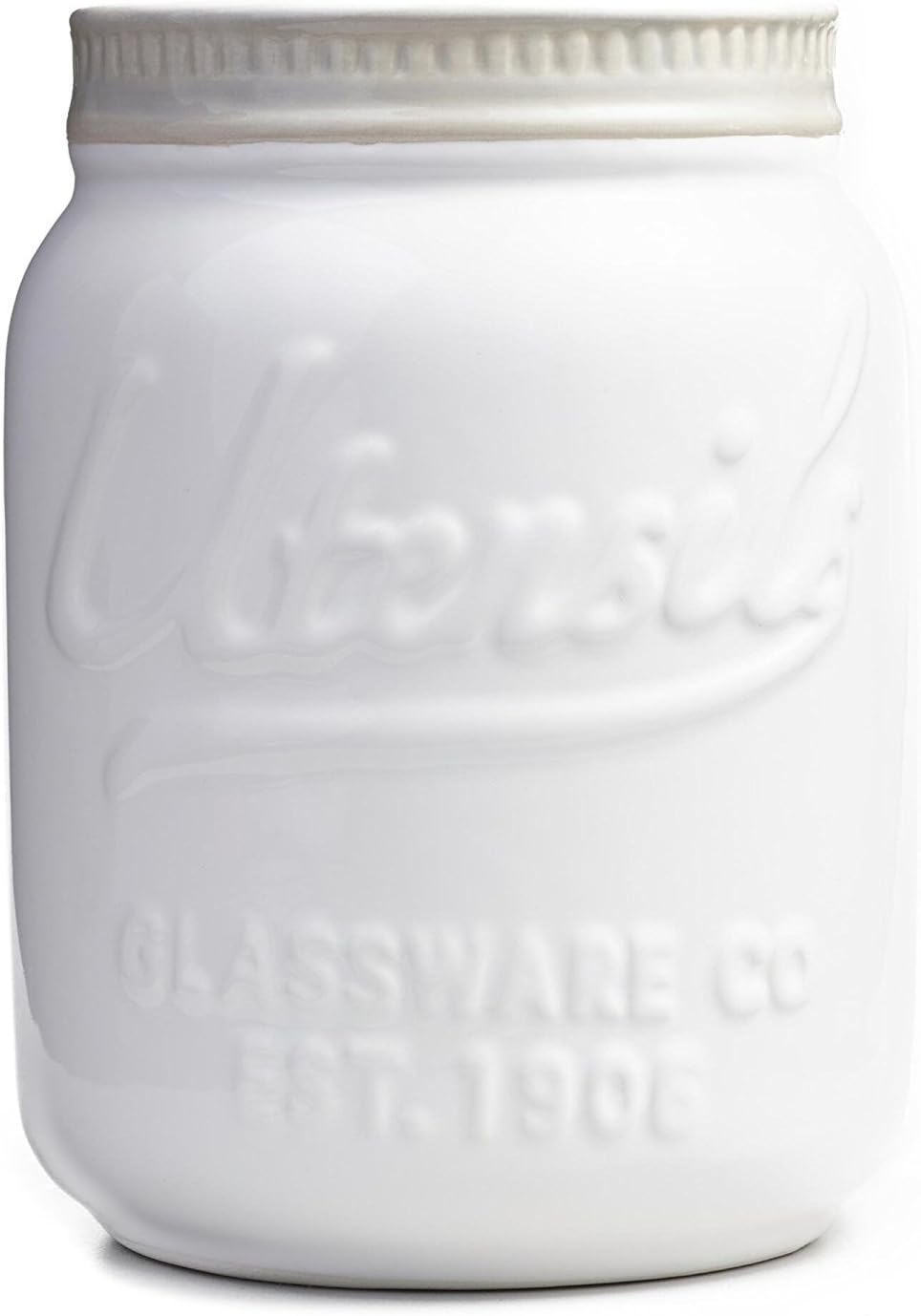 White Ceramic Mason Jar Utensil Holder - Great Organizer for Flatware, Cutlery, Silverware, and Kitchen Accessories | Vintage Decor & Collector Gift | Rustic Kitchen Accessory by World Market