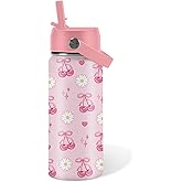 Cherry Gifts for Kids - 16oz Pink Kids Water Bottle with Straw Lid, Stainless Steel Insulated Tumbler, Leakproof, BPA-Free, for Girls, School, Travel - Cherry Lovers Children Birthday Gift Cup (1pc)