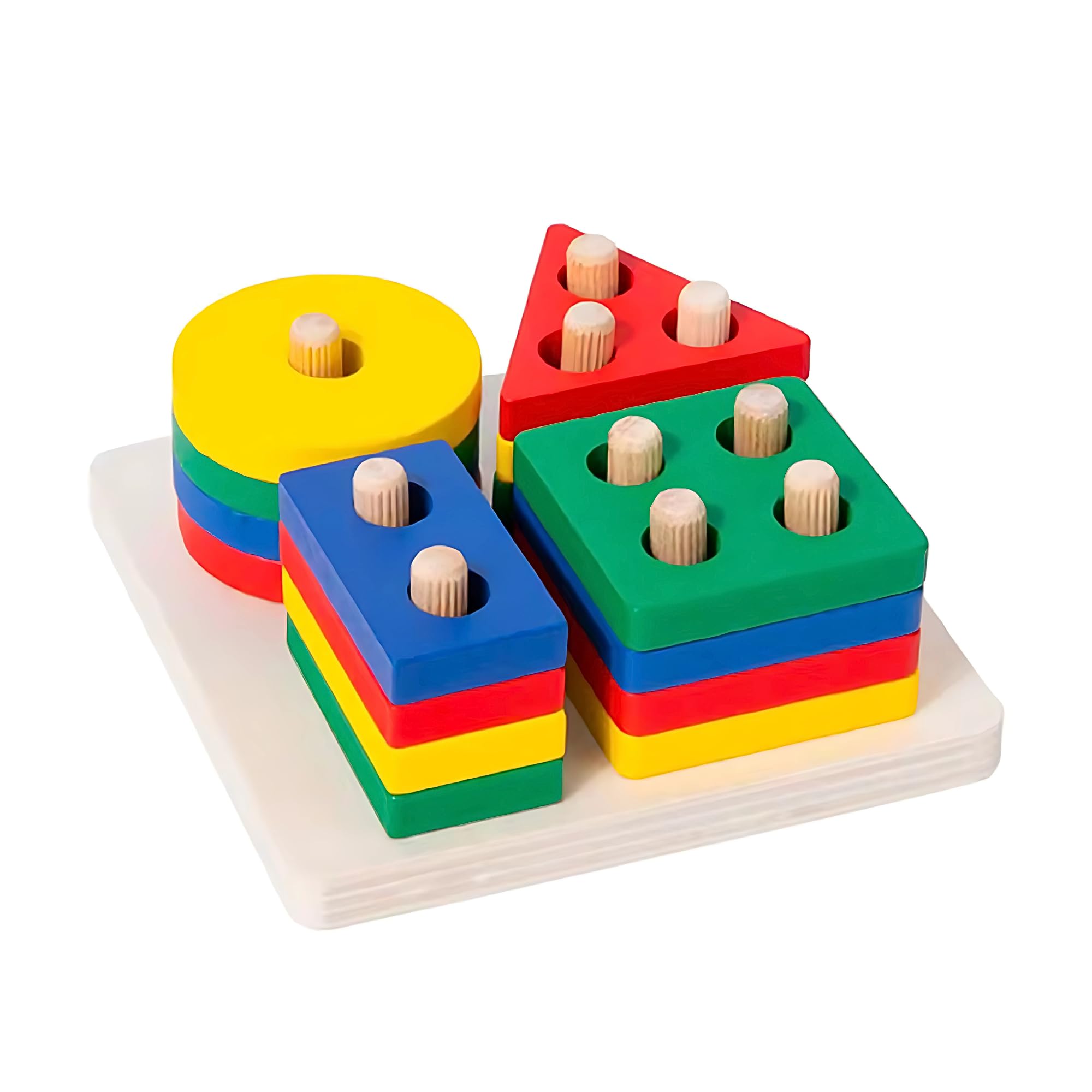 16 Piece Wooden Puzzle Montessori Shape Sorter & Stacking Toy with 4 Different Shapes – Interactive, Educational & Developmental Learning Toy for Toddlers for Boys & Girls Ages 1-3