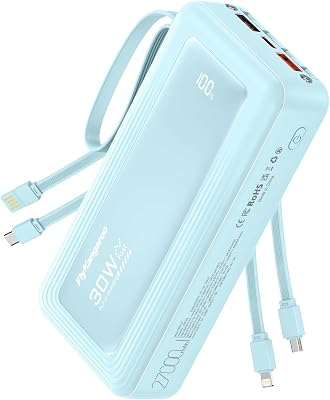 Powerbank 27000mAh mit 4 integrierten Kabel, 30W USB C Schnellladefunktion