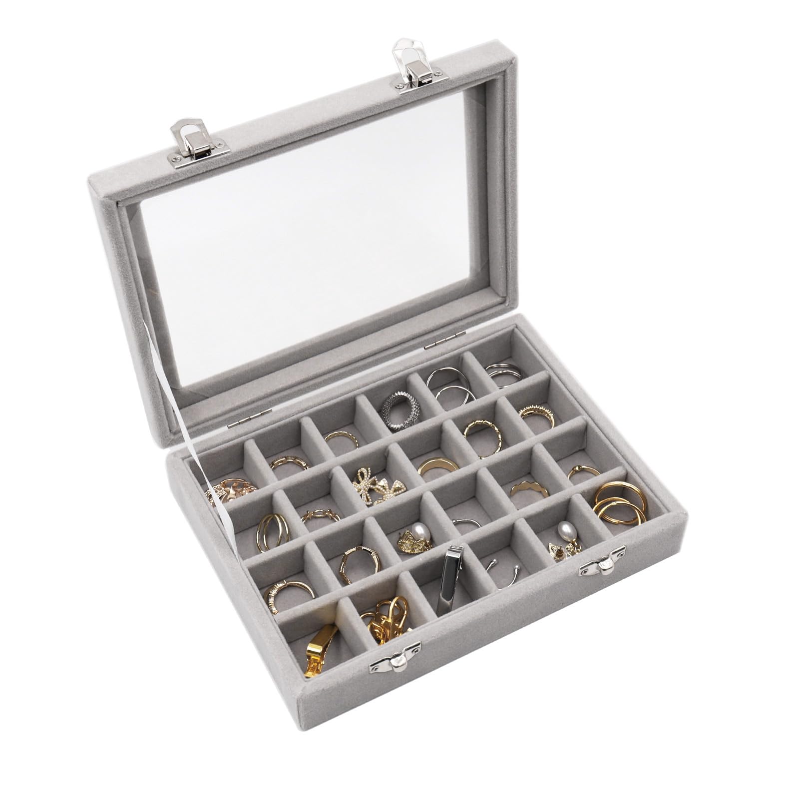 Yuknees Jewellery Box Organiser,Velvet Earring Jewellery Boxes 24 Section Earring Storage Organiser Jewellery Display Box Clear Container Showcase Home Organisation-Grey