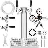 TMCRAFT Double Tap Kegerator Tower Kit, Stainless Steel Beer Conversion Kit | 304 Stainless Steel Tower, Dual Gauge CGA-320 Regulator for Pressure Control, 2 D System Couplers &amp; Easy-Clean Drip Tray