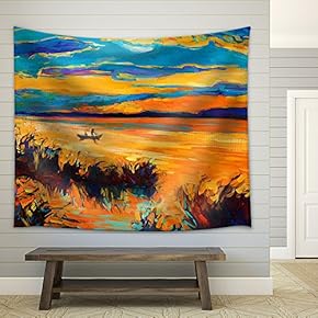 Original Oil Painting Showing Beautiful Lake with Boat,Sunset Landscape - Fabric Wall Tapestry Home Decor - 51x60 inches