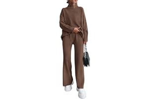 dowerme Women Fall 2 Piece Outfits 2025 Winter High Neck Sweater Sets Drawstring Wide Leg Pant Chunky Knit Lounge Set
