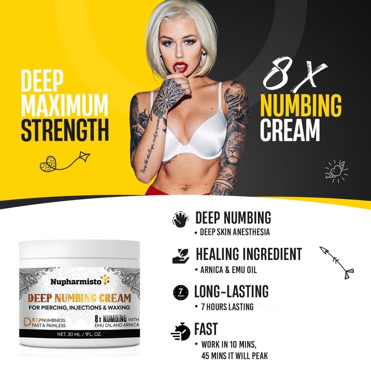 Deep Numbing Cream for Piercing, Injections& Tattoos, Fast Numbing for Waxing, 7 Hours Maximum Strength Numbing Cream for Injections, 8x Numbing with Emu Oil and Arnica. 30ml/1floz