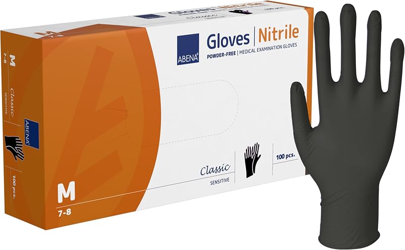 ABENA Black Disposable Nitrile Gloves Medium Pack of 100 Powder Free Latex Free