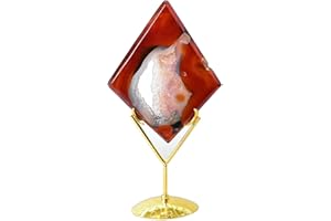 AMOYSTONE Red Agate Rhomboid Shaped Stone Decorative Healing Crystal Slices Quartz Pieces Diamond Shape with Display Stand Office Home Decor Reiki Healing Gifts 0.4-0.6 Pound