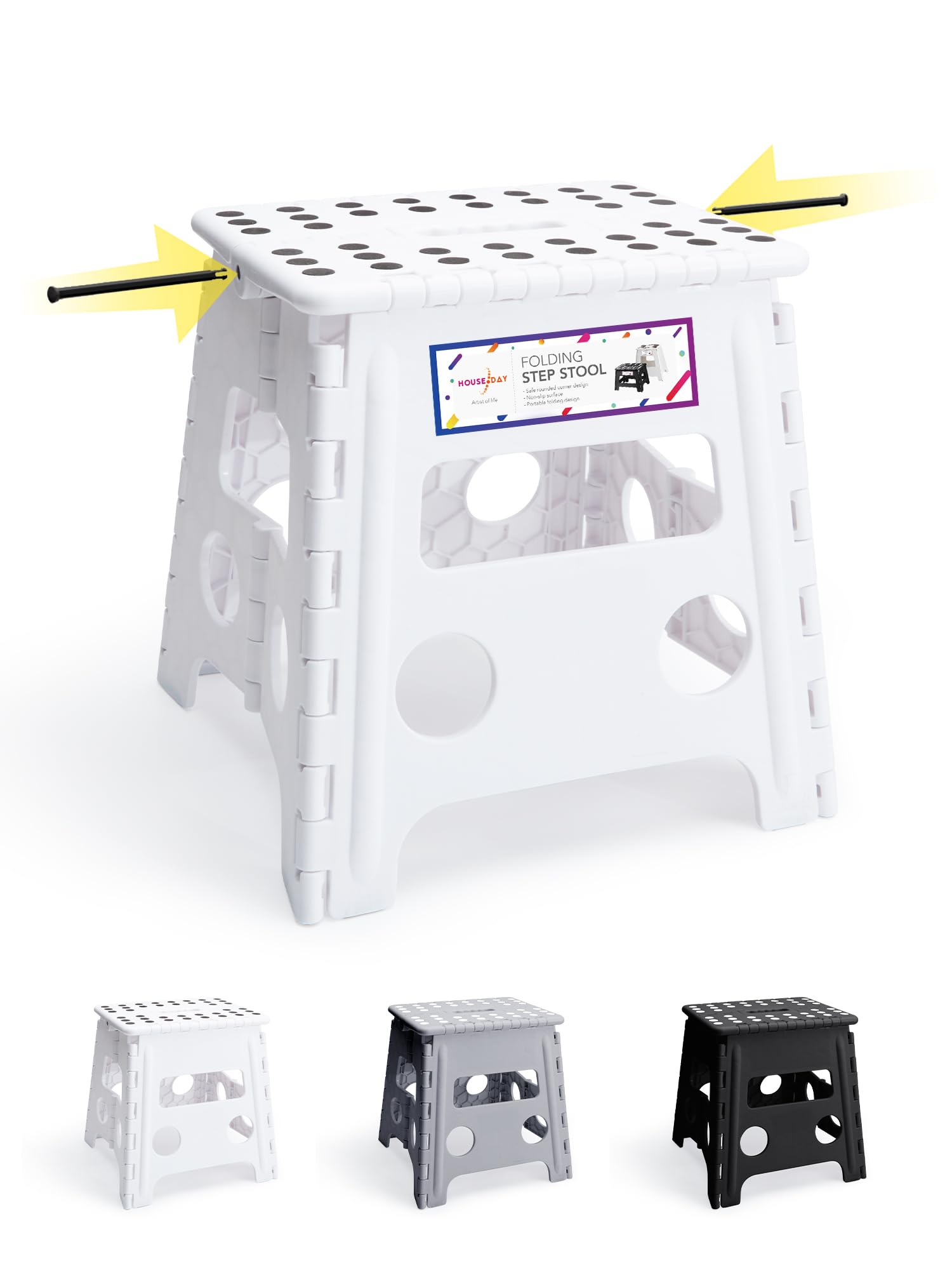 HOUSE DAY Folding Step Stool 13 inch(33cm) Height Medium Heavy Duty Foldable Stool for Adults, Large Foldable Children's Step Stool Non-Slip Folding Stools Portable Plastic Stools for Kids - White