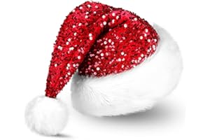 Gamusi Red Sequin Santa Hat Shiny Plush Hats Rose Gold Christmas Tree Topper for New Year Xmas Party