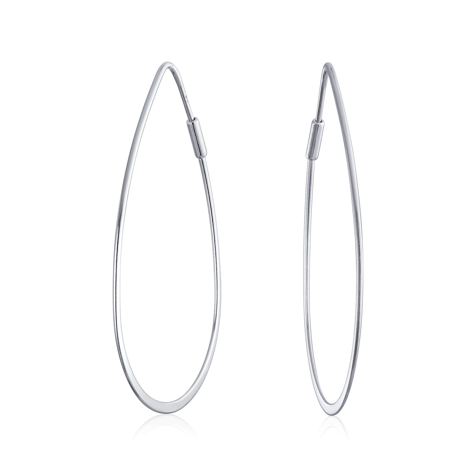 Boho Minimalist Geometric Flat Wire Pear Shaped Endless Lightweight Thin Oval Big Hoop Earrings For Women .925 Sterling Silver 1.75 Inch