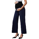 Ecavus Women's Maternity Pants Over Belly Seamless Stretchy Work Pants Dual Length Maternity Wide Leg Pants with Pockets Navy
