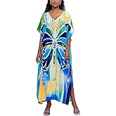 Plus Size Beach Kaftan Dresses for Women Print V-Neck Long Swimsuit Cover Ups