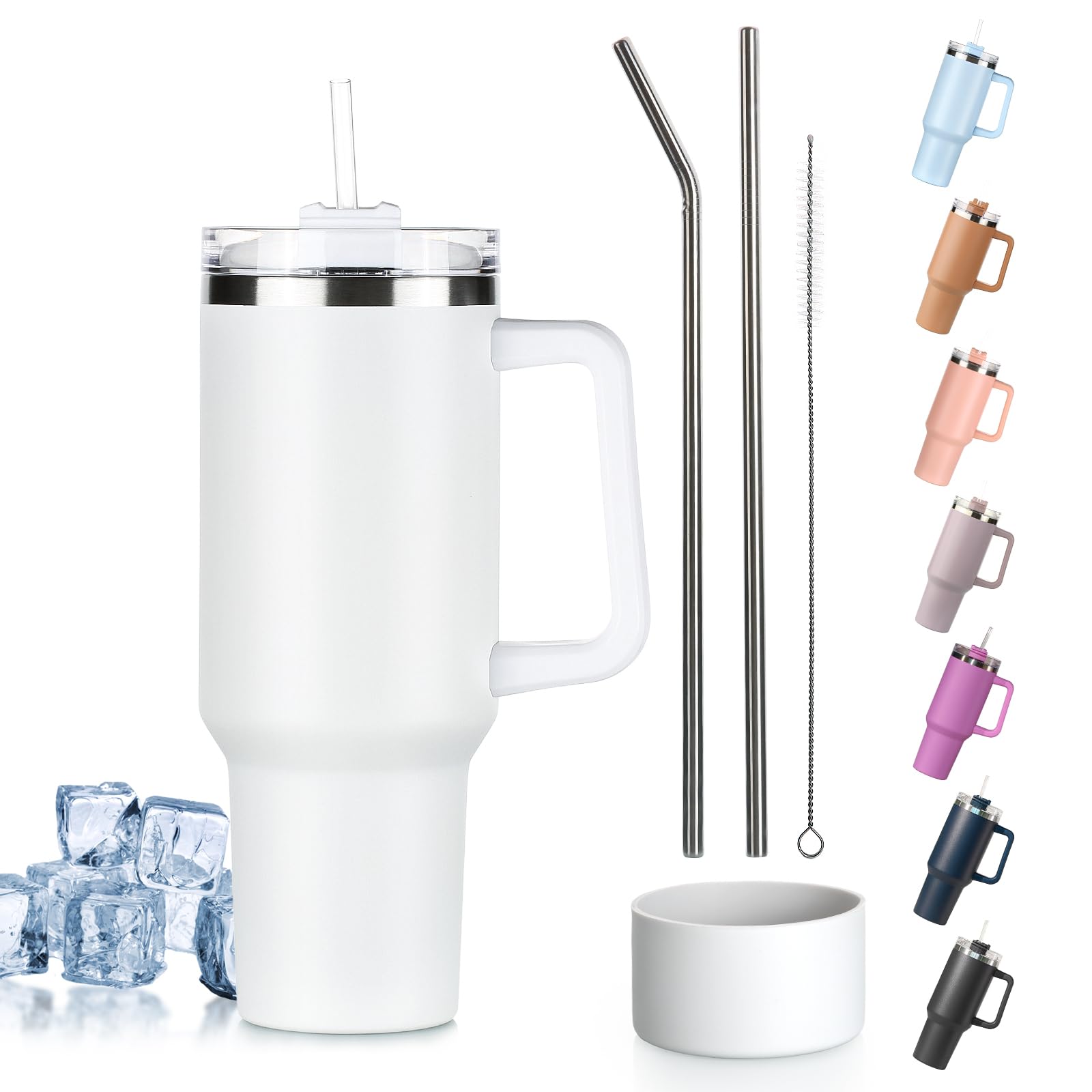Tuocal 40oz Tumbler with Straw Lid and Handle + 2 Stainless Steel Straws + Silicone Boot, 1180 ml Double Wall Vacuum Insulated Cup, Car Coffee Mug, Travel Water Bottle for Hot Iced Coffee, White