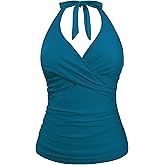 Hilor Women's Underwire Tankini Tops Ruched Tummy Control Bathing Suit Tops Plunge Halter V Neck Swimsuit Twist Swim Top Only