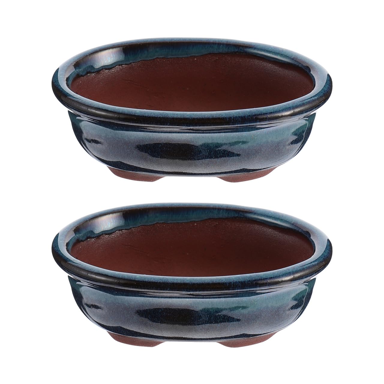Happyyami Bonsai Pot Glazed Shallow Plant Pot 2PCS Ceramic Succulent Planter With Drainage Cactus Flower Bowl For Indoor Outdoor Plant Garden Window Tabletop 10X6.5cm