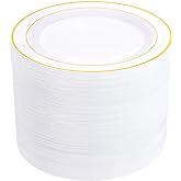 bUCLA 100Pieces Gold Plastic Dinner Plates - 10.25inch White and Gold Plates Disposable for Party - Ideal for Wedding, Party & Daily Use