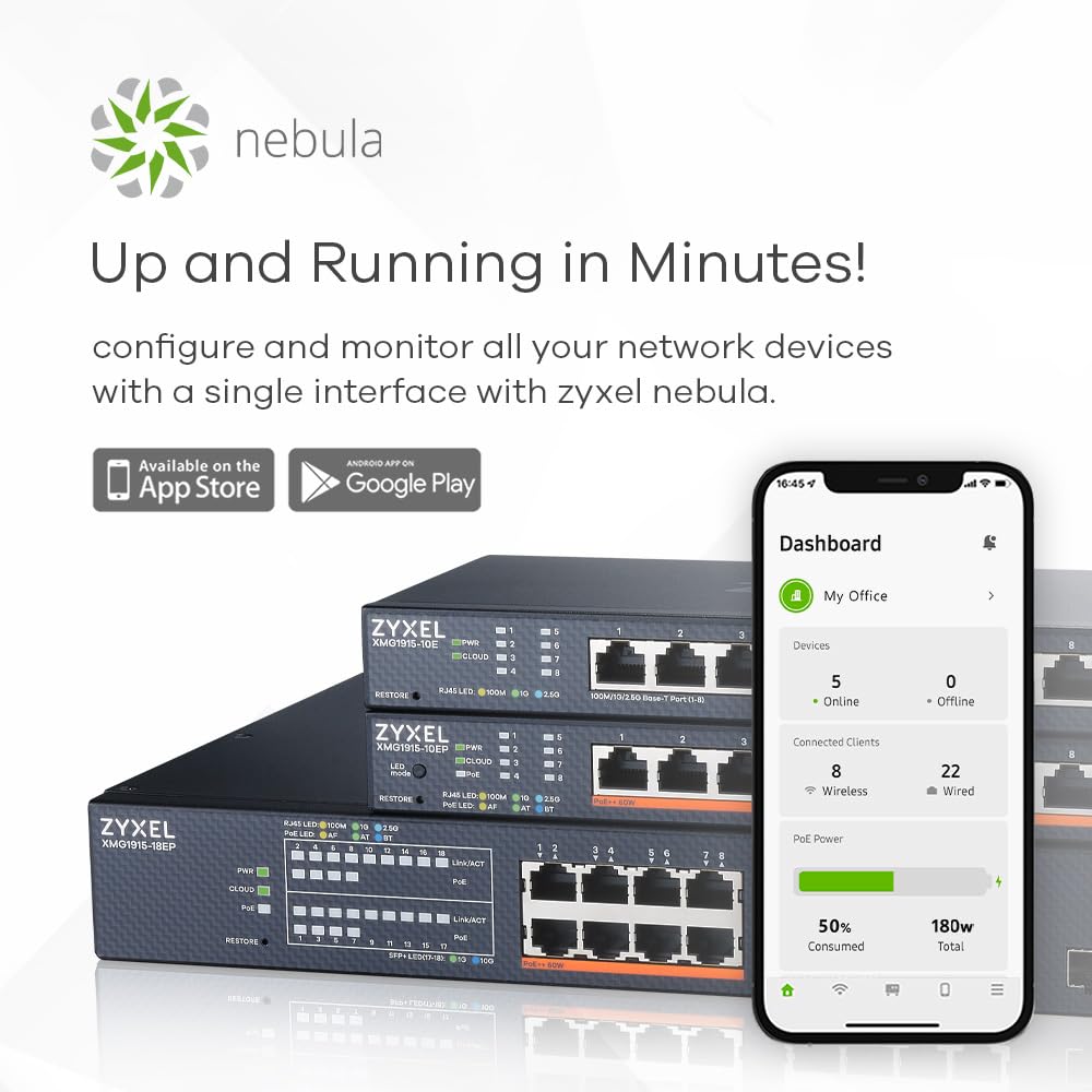 Zyxel Netzwerk Switch 8 Port | Smart Managed LAN Splitter | 8X 2.5GbE RJ-45 + 2X 10G SFP+ Ports | Lüfterlos Design | Hybrid Cloud Modus | Desktop oder Wand Montage, Kit im Lieferumfang | XMG1915-10E 3