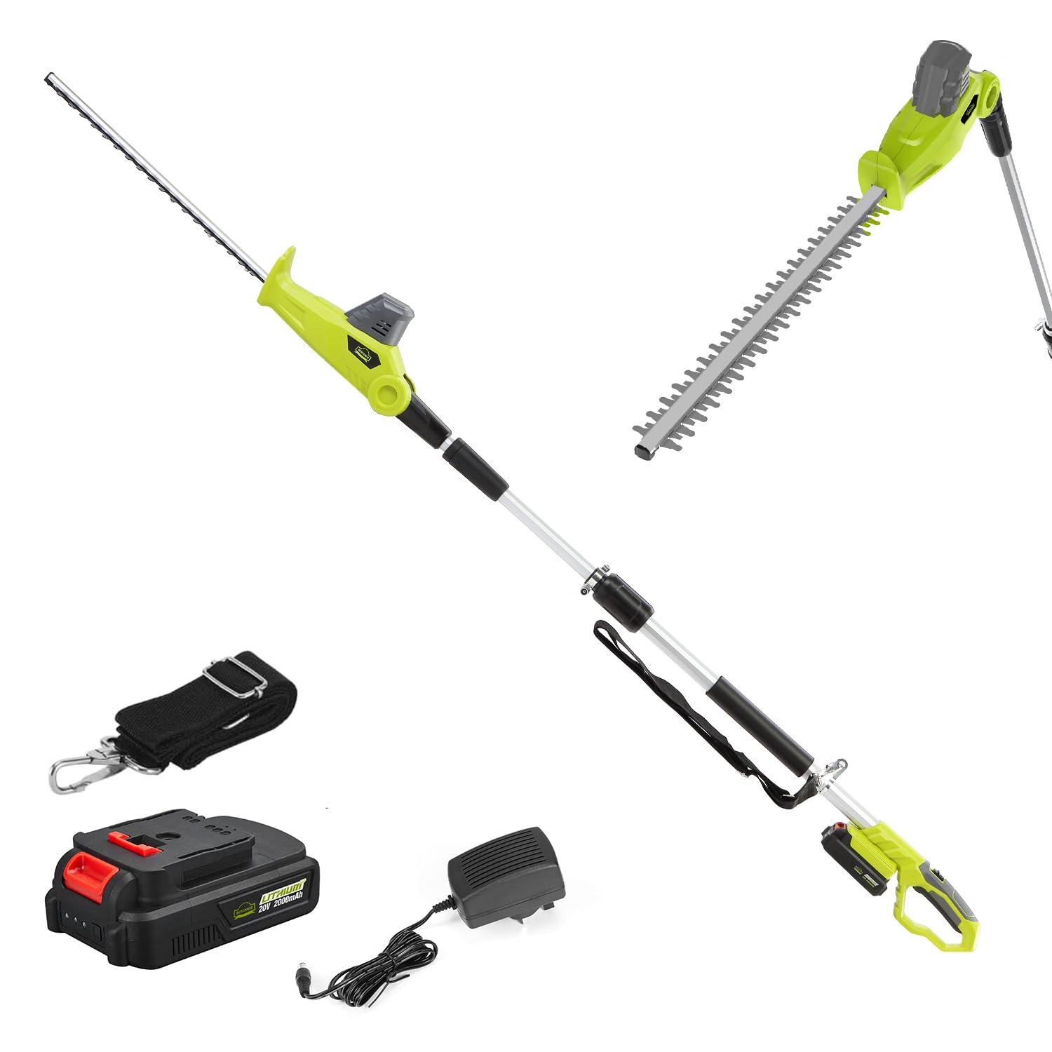 Cordless Pole Hedge Trimmer, Telescopic Long Reach 20V 2000mAh Li-ion Battery, Electric Cutter, Cutting Length 46CM, 16mm Tooth Opening Capacity,1Hr Fast Charger, 2.4m Extension Pole