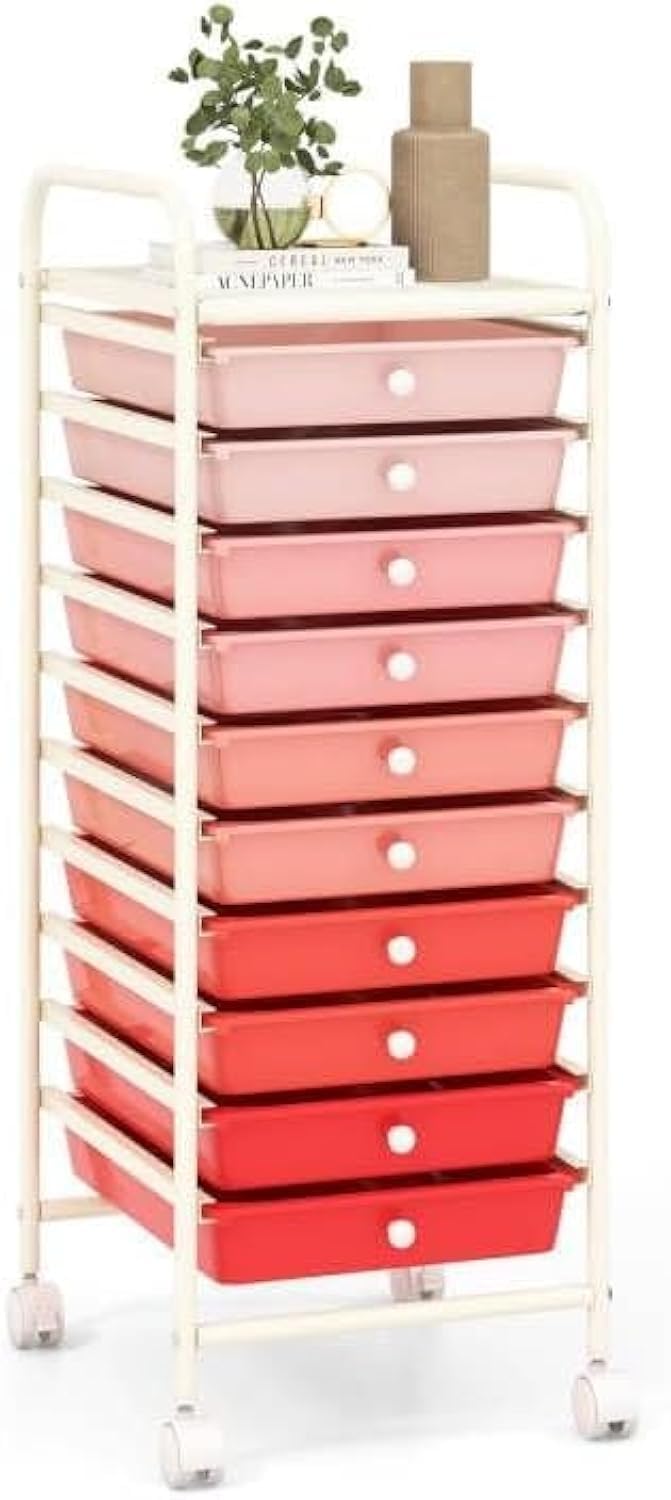 OFFICEJOY Storage Cart, Rolling Utility Cart with 10 Drawers, Portable Handles & Lockable Wheels, Mobile Paper Toys Storage Organizer Large Capacity for Home Office School Teacher (Gradient Pink) Image