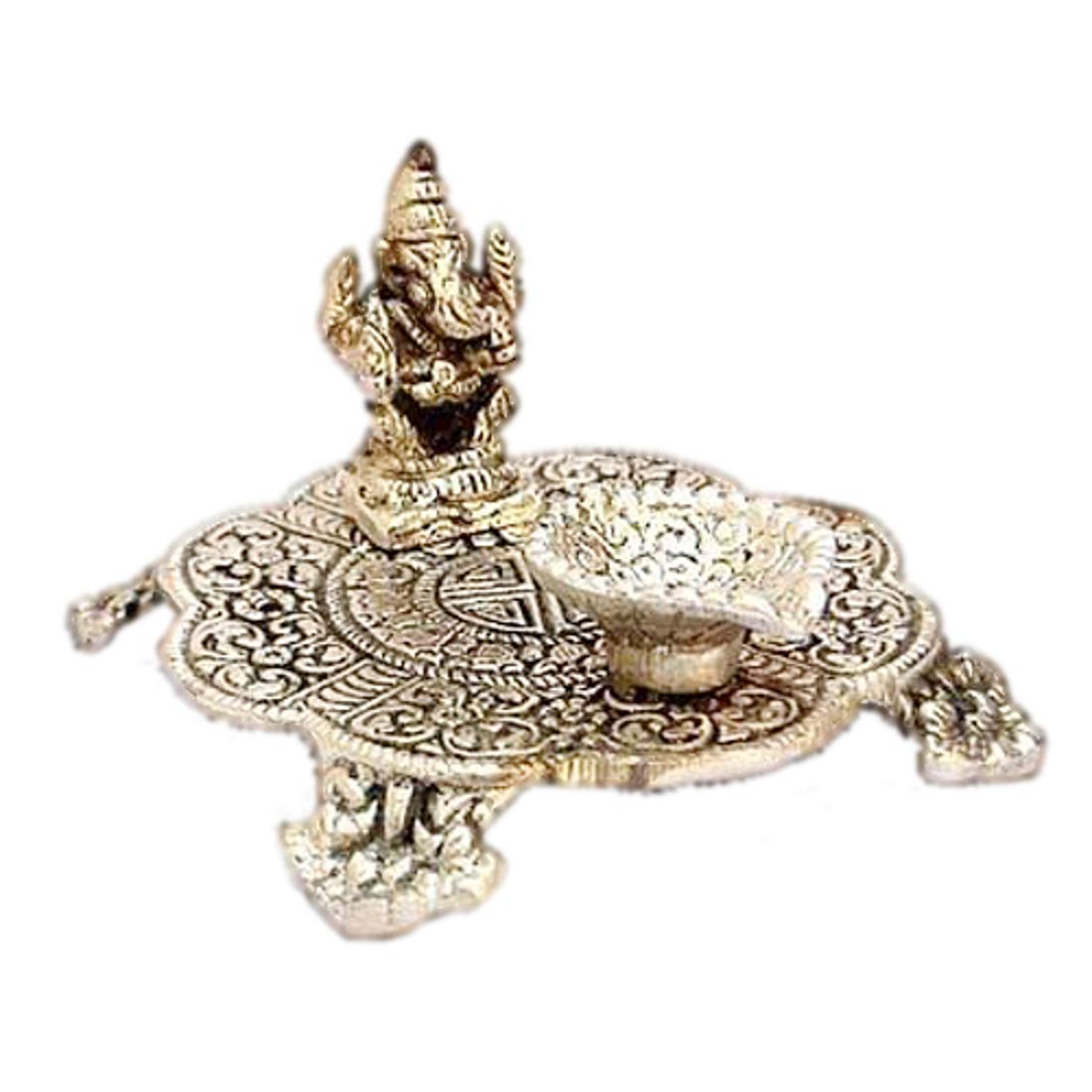 Purpledip White Metal Pooja Thali with Diya and Ganpati Statue, Indian gift ideas (10174)