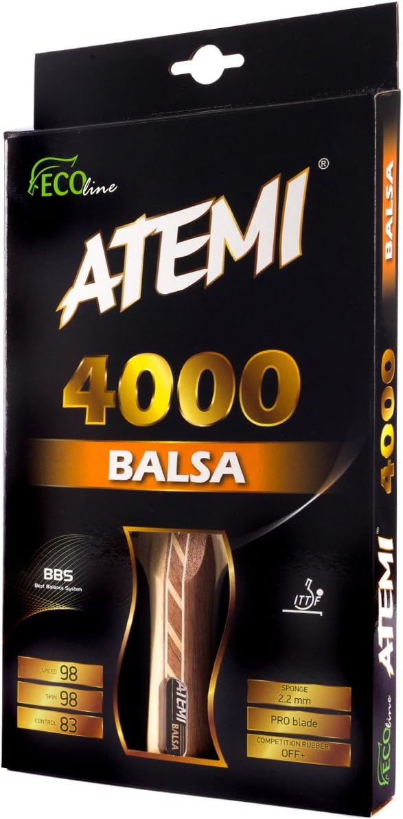 Atemi 4000 Table Tennis Bat (Balsa Wood) Pro Offensive+ Table Tennis Racket | Enhanced Control, Speed, Rotation | Beginner & Professional | 5-Layers, Competition Rubber