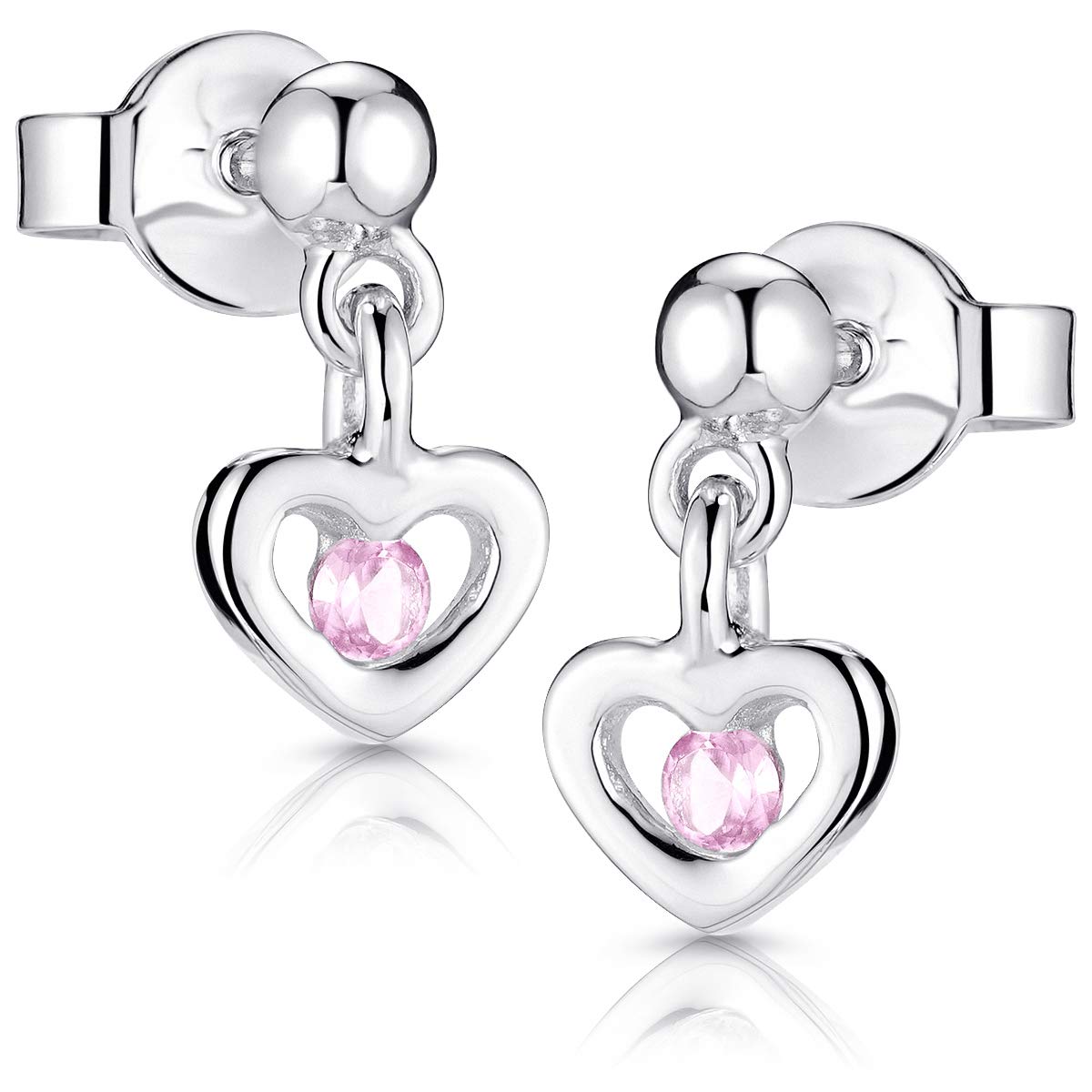 Materia Children's Earrings Heart Silver 925 – Girls Stud Earrings Hanging Children's Jewellery Zirconia 5 Colours in Gift Case pink