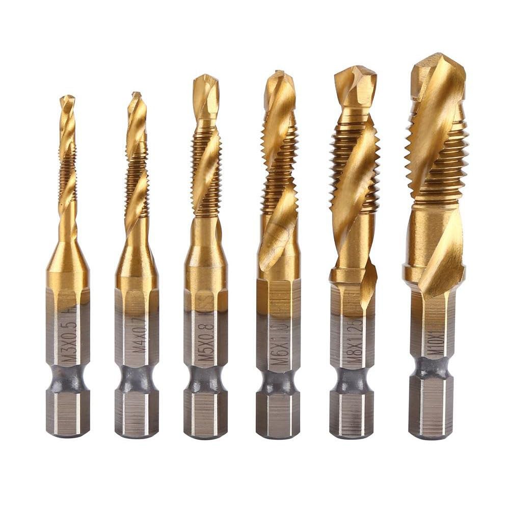 Teocpai 6-Piece HSS Tap Set Titanium Combination Drill Bit with 1/4 Inch Hex Shank Tap with Metric Thread M3-M10 for Wood, Brass, Aluminium and Plastic