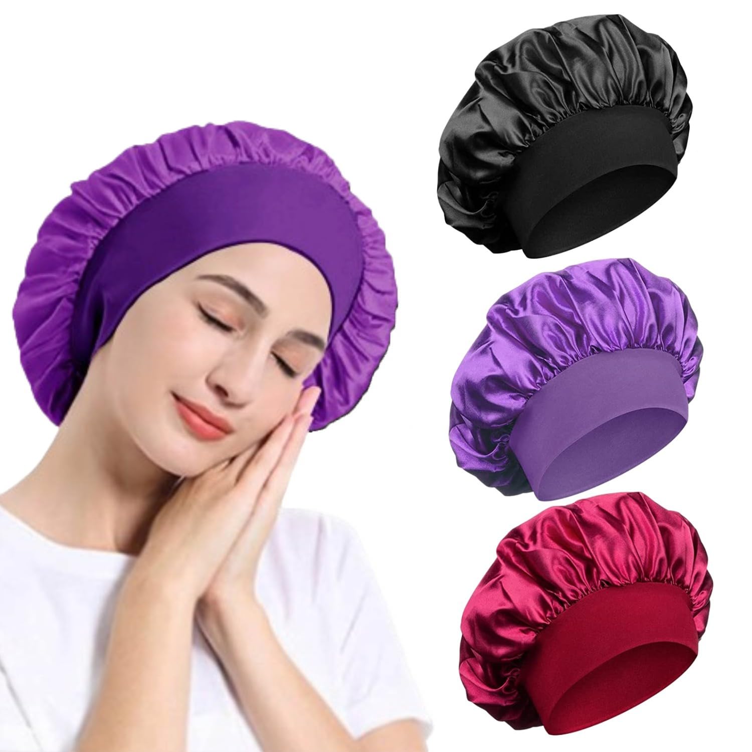 3 Pack Satin Bonnet, Night Sleep Caps with Wide Elastic Band, Silk Wrap, Soft Head Cover Sleeping Hat for Women and Girls Curly Hair (Red,Black,Purple)