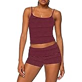 Women Fashion Striped 2 Piece Lounge Set Camisole Crop Top and Fold Over Shorts Pajama Sets Streetwear