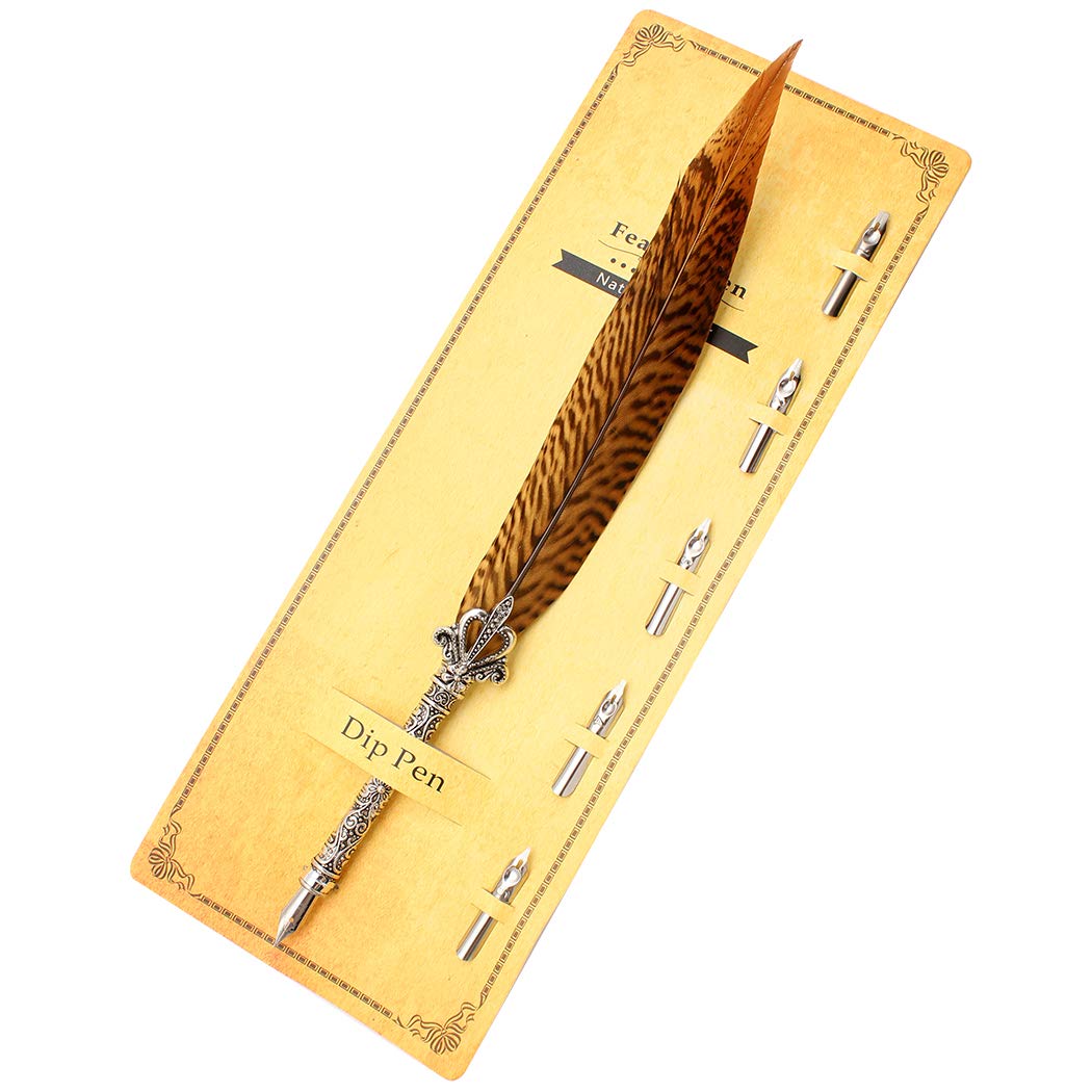 Gullor Antique Feather Dip Pen Stem Metal Nib Pen Writing Quill (5 Extra Nibs), K9