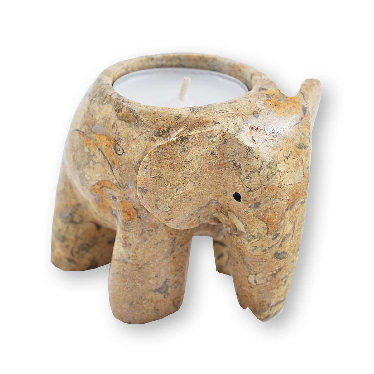Elephant 3 Inch Marble Fossilstone Tea Light Candle Holder (Fossilstone)