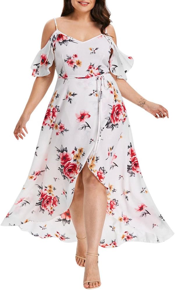 Huaya Women Plus Size Floral Print Dress Cold Shoulder Floral Lace Maxi Party Evening Camis Long Dress