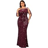 Velvet Stretch Sequin Formal Dress Long Sleeve Boat Neck Maxi Gown