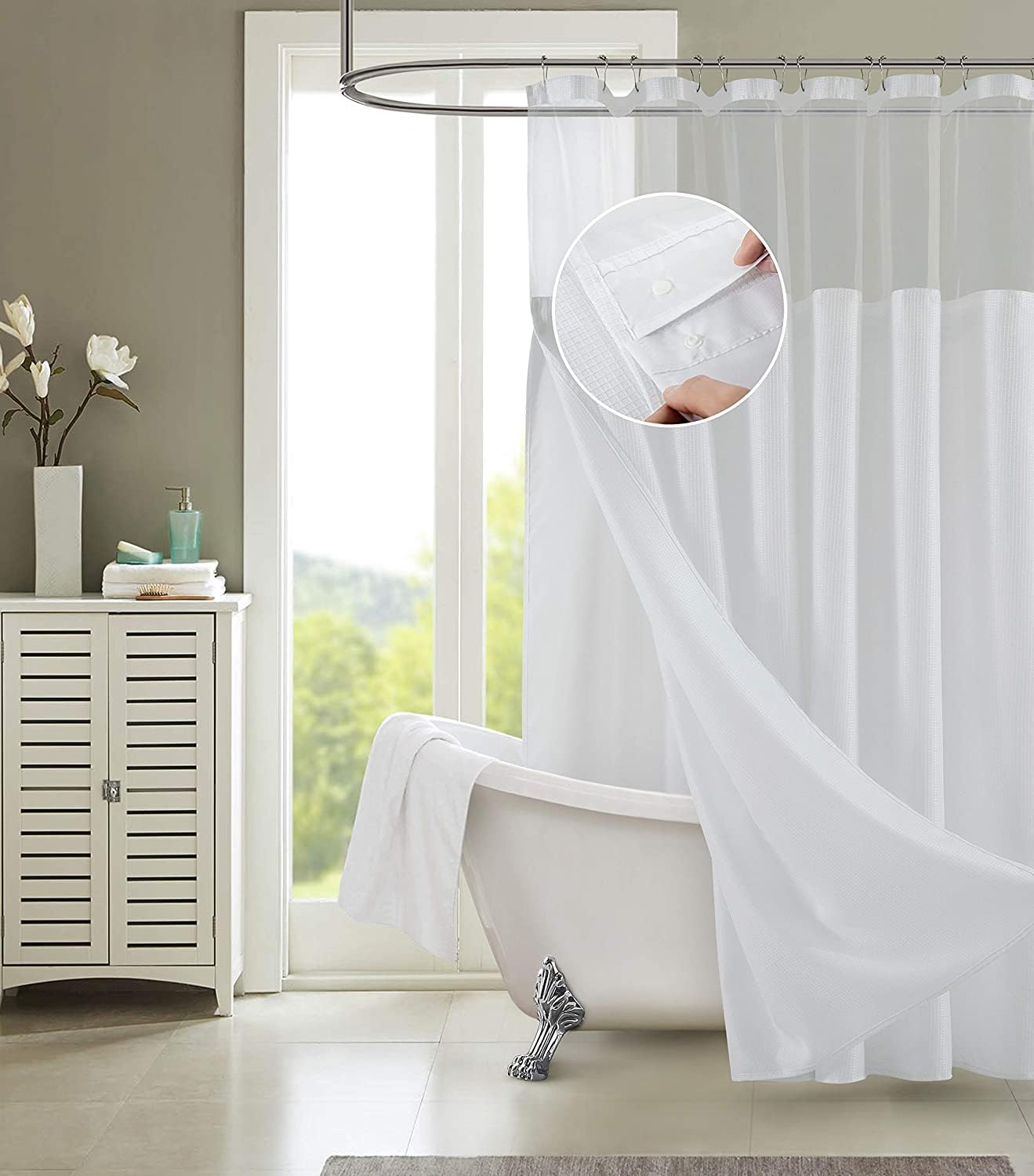 Dainty Home Waffle Weave Shower Curtain With Liner Sets - Modern Shower Curtain for Bathroom With Mesh Top Window - Premium Quality Fabric Snap Shower Curtain โ image 1